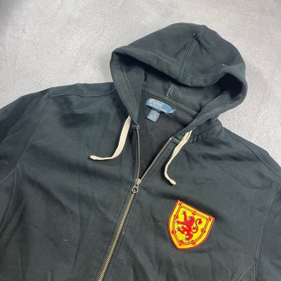 Polo Ralph Lauren Mens Black Full Zip Hoodie Lion Crest Patch LT Tall Sweatshirt